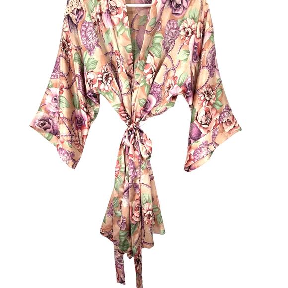 Vintage 90's Satin Floral Short Robe Kimono Lace Cottage Core Feminine Boho S - Picture 7 of 7